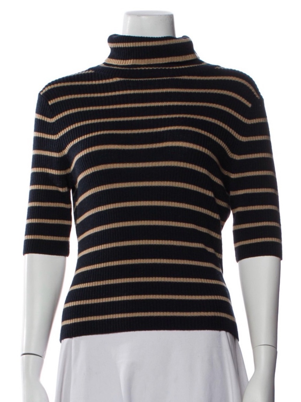 100% Wool Veronica Beard Navy and Tan Striped Short-Sleeve Turtleneck Sweater